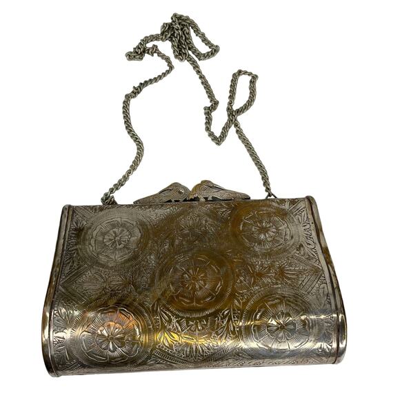 Vintage Peacock Flower Engraved Brass Pillow Purse Chain Strap 7" x 4.5" - Picture 16 of 16